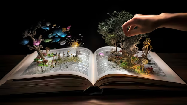 An open book from which magical trees grow