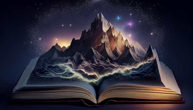An open book from which mountains are visible