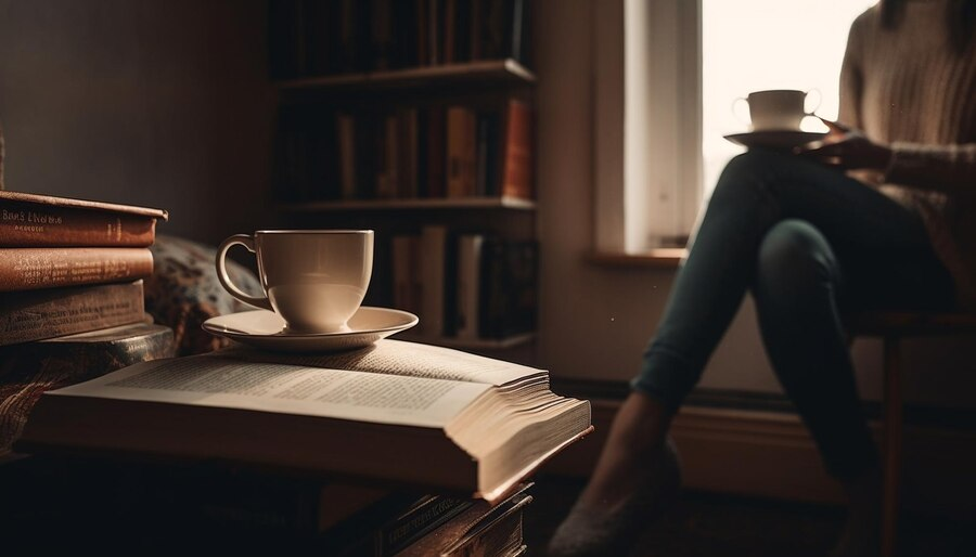 Woman with Book and Coffee