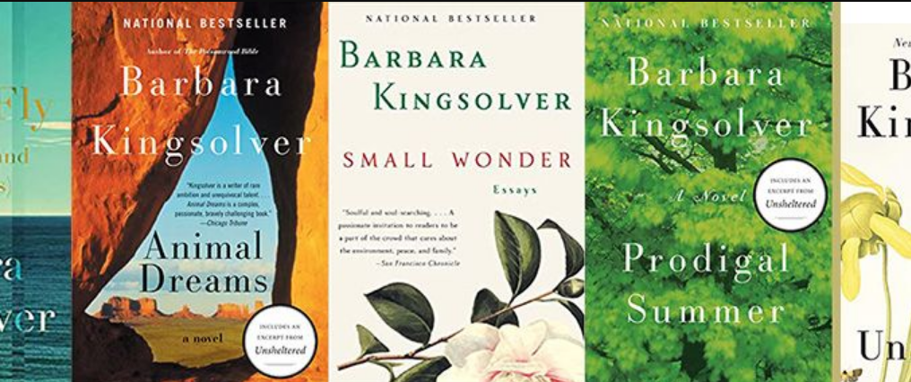 a collage of books written by Barbara Kingsolver