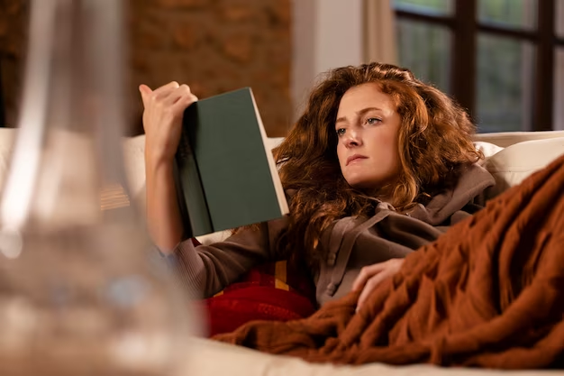 Woman reading a book lying on the couch