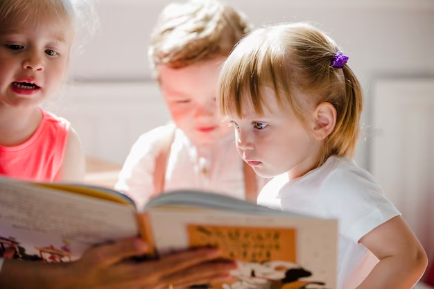 A group of children looking at a book