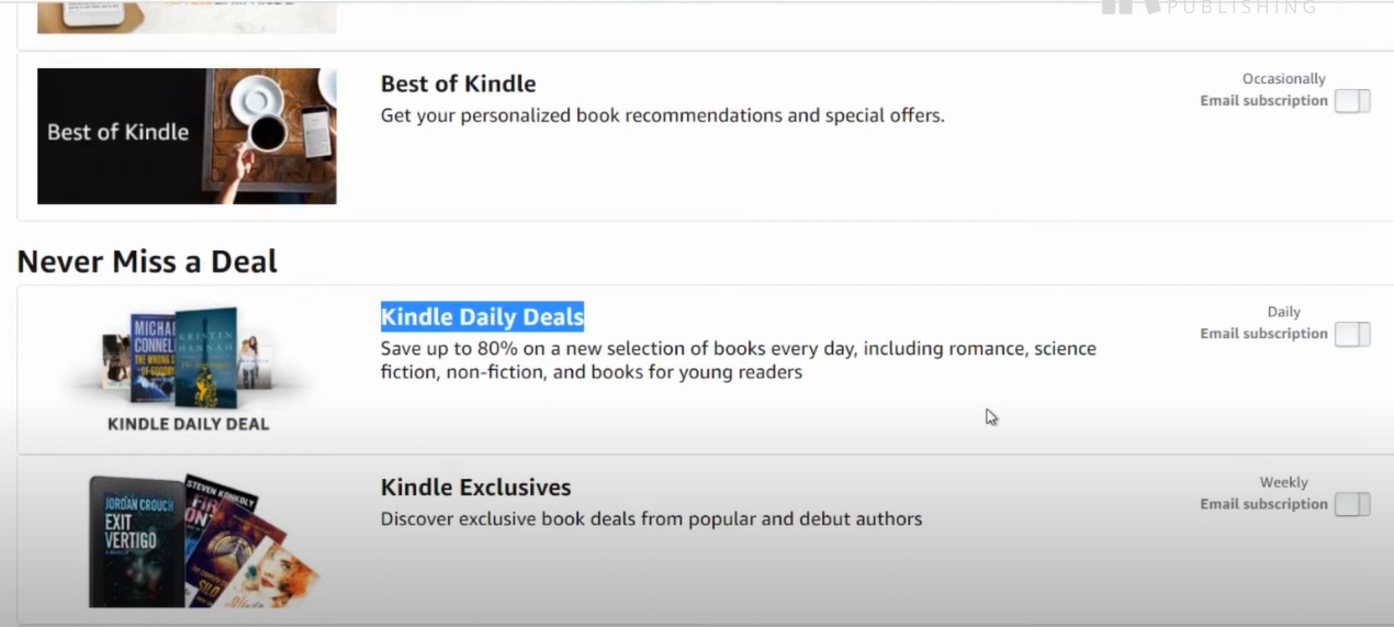 A screenshot of a Kindle screen displaying the Kindle Daily Deals