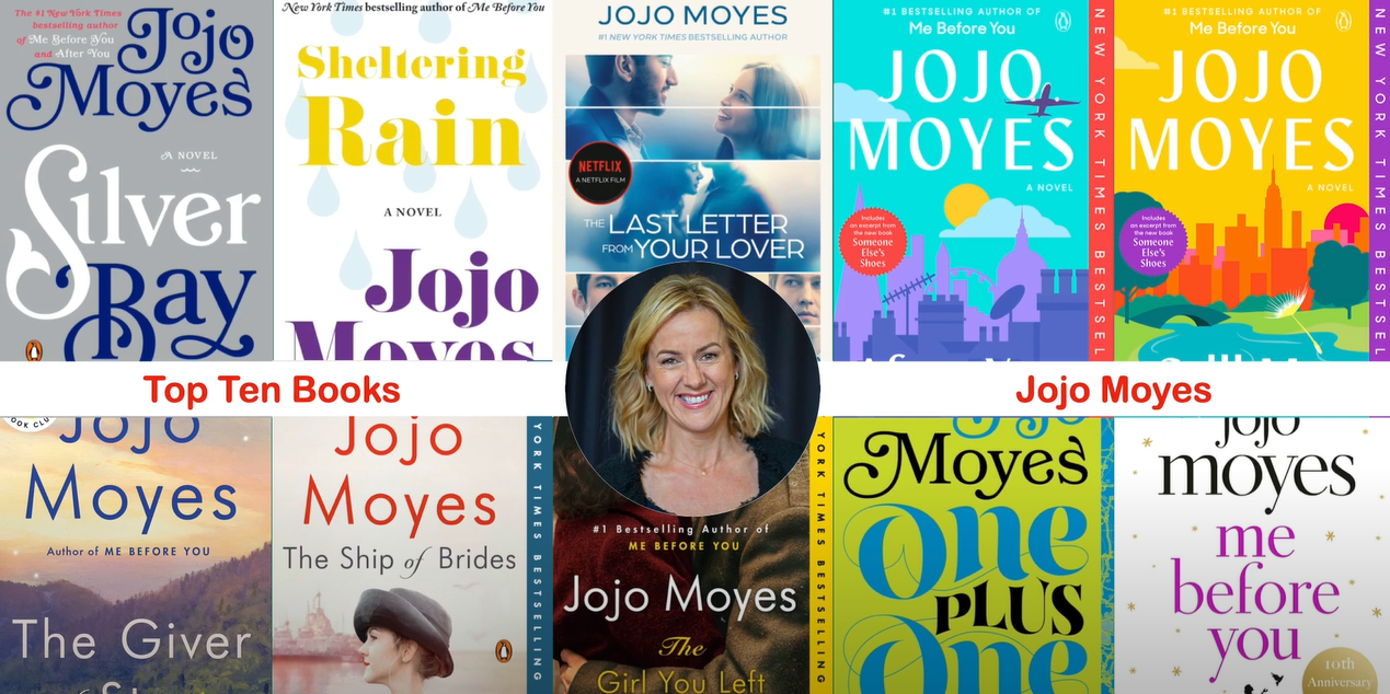 Circular picture of Jojo Moyes, an author, surrounded by the covers of her books
