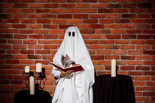 Photo of a person in a ghost costume holding a book in a creepy setting